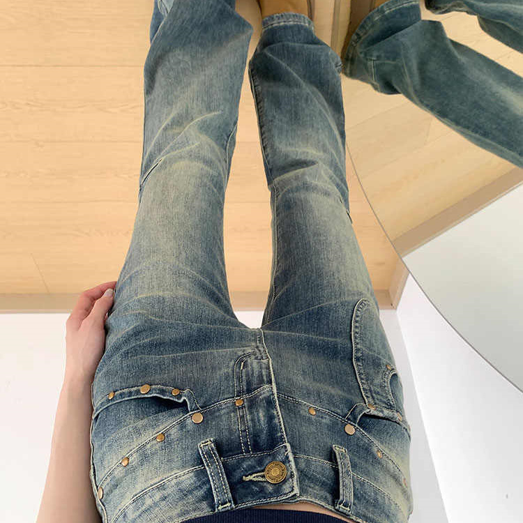 美式复古高腰微喇牛仔裤