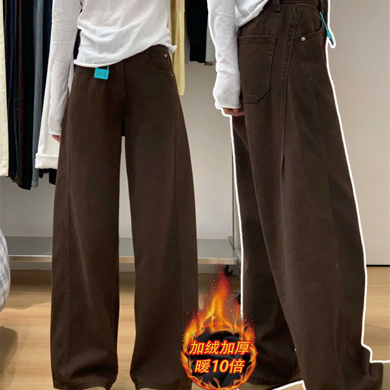 咖色加绒阔腿牛仔裤女2025新款秋冬高腰美式高个子加长宽松弯刀裤
