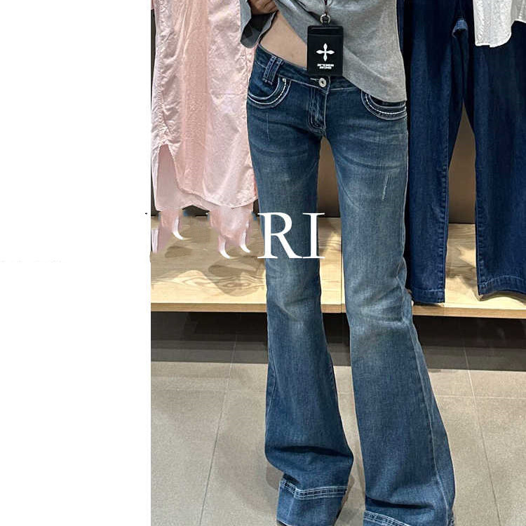 美式复古低腰微喇牛仔裤女蓝灰设计感弹力显瘦辣妹马蹄拖地长裤子