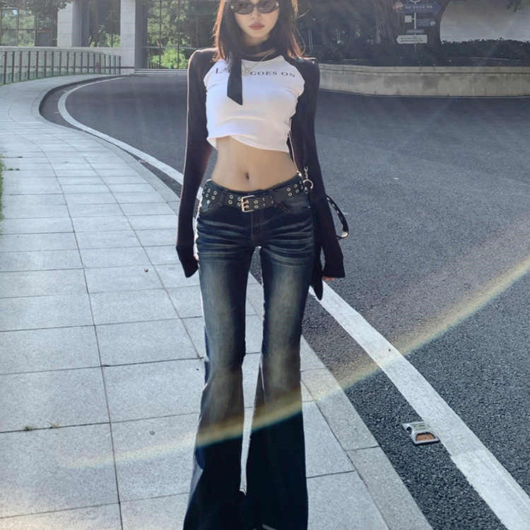 美式复古低腰辣妹微喇叭牛仔裤女2025秋冬新款弹力修身显瘦马蹄裤