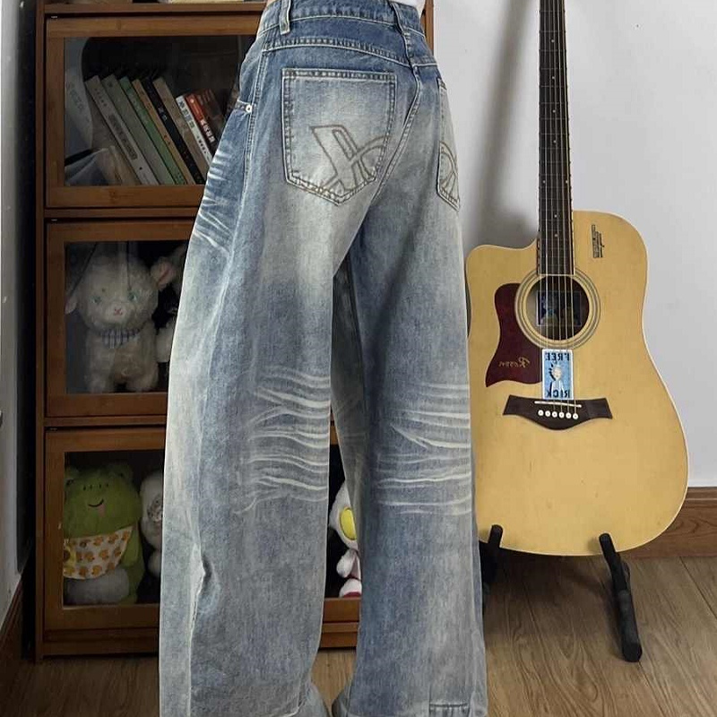 美式高街阔腿直筒牛仔裤女2025夏秋季新款高腰宽松显瘦拖地长裤子