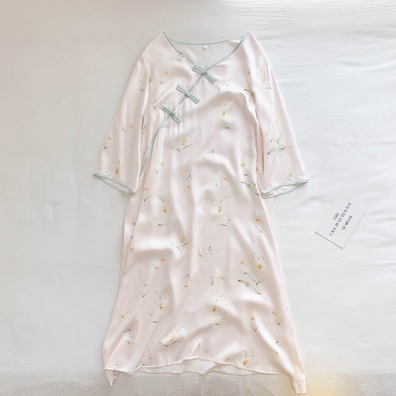 睡裙女薄款春秋棉绸旗袍中式古风优雅夏季柔软贡缎家居裙~睡衣