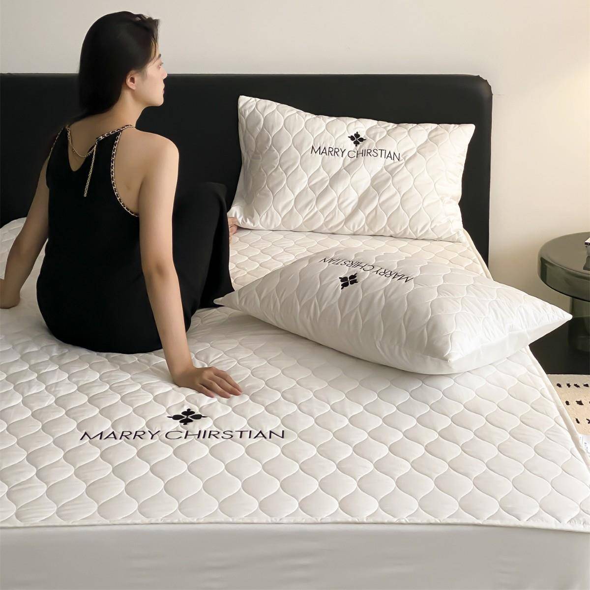 现代简约风刺绣绗缝全棉夹棉床笠席梦思床垫保护罩床笠套床罩