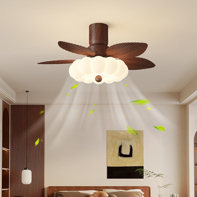 中古奶油风餐厅风扇灯复古简约创意南瓜风扇灯卧室大风力吊扇灯