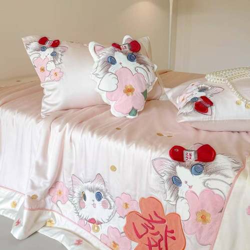 天丝棉四件套被套床单床上用品夏天凉感裸睡小猫可爱高档4件