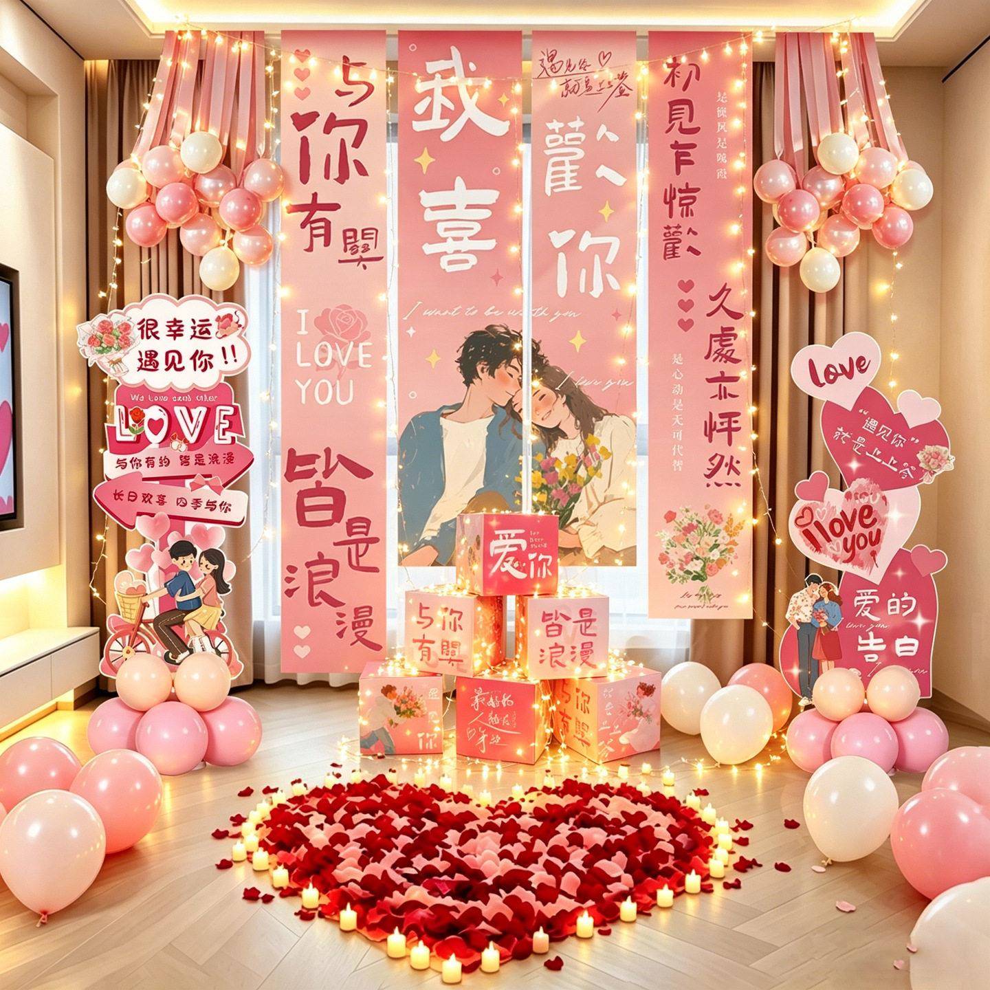 520粉色告白挂布条幅套装情人节求婚表白布置氛围感多场景派对