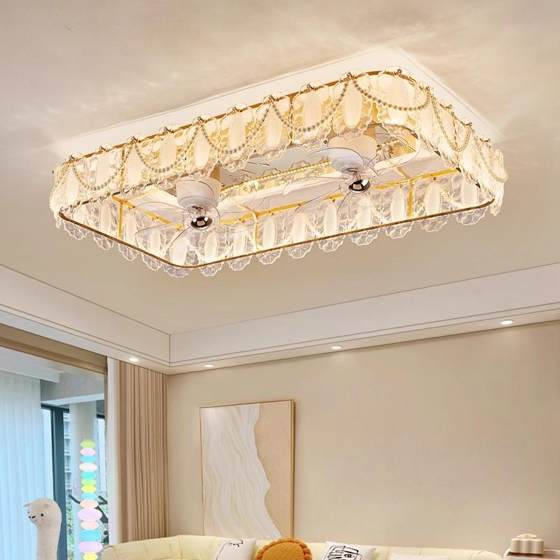 法式水晶镜子风扇灯新款奶油风客厅灯静音餐厅卧室摇头电扇灯一体