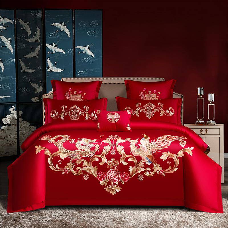 龙凤刺绣婚庆四件套大红色结婚多件套新婚床单被套婚礼床上用品