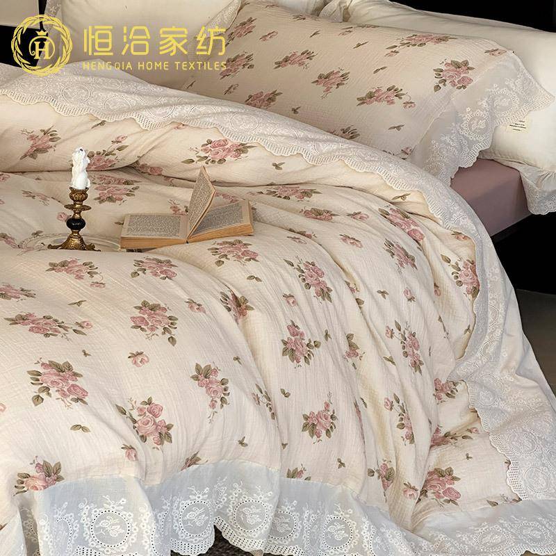 法式全棉皱皱双层纱四件套清新花卉印染纯棉荷叶边被套床品奶白色