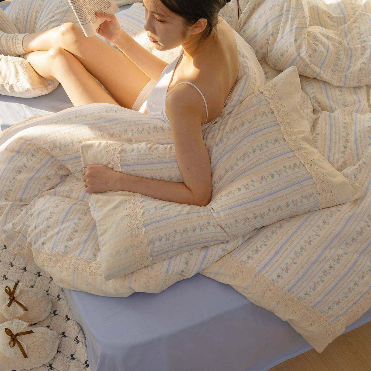 A类法式全棉花边双层纱小碎花仙女四件套纯棉小碎花三件套床上用