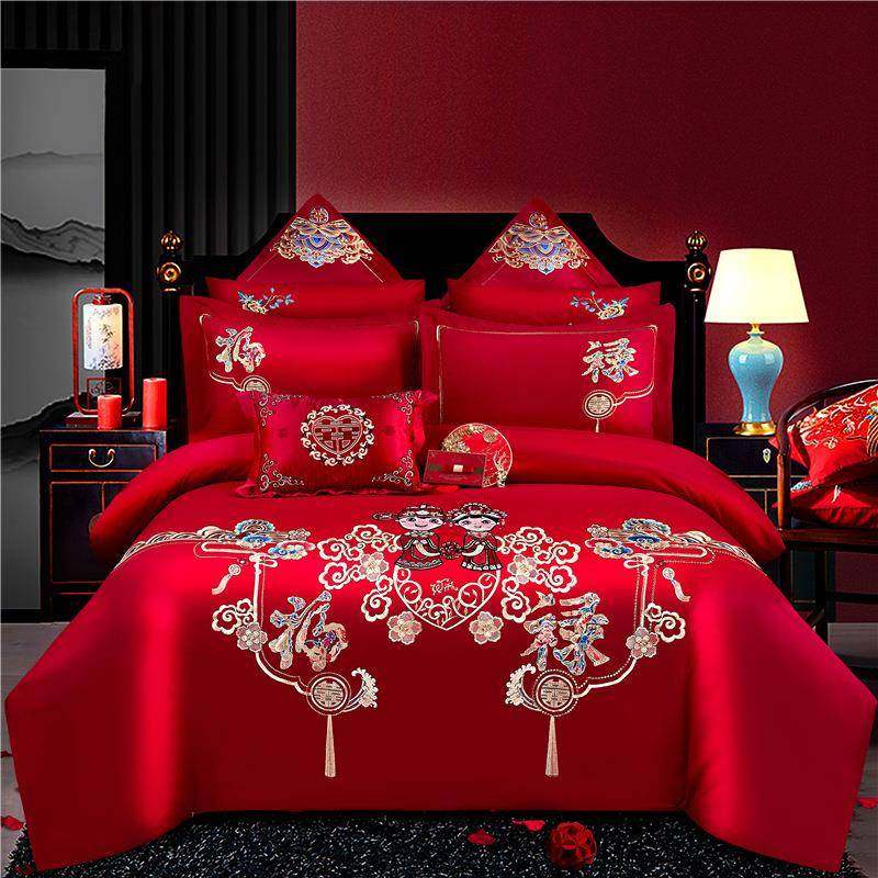 简约时尚婚庆四件套大红色亲肤棉刺绣被套床单笠高档结婚床上用品