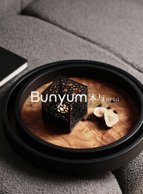 简约现代黑色皮质围边圆形托盘民B宿样板间售楼处客厅茶几桌面摆