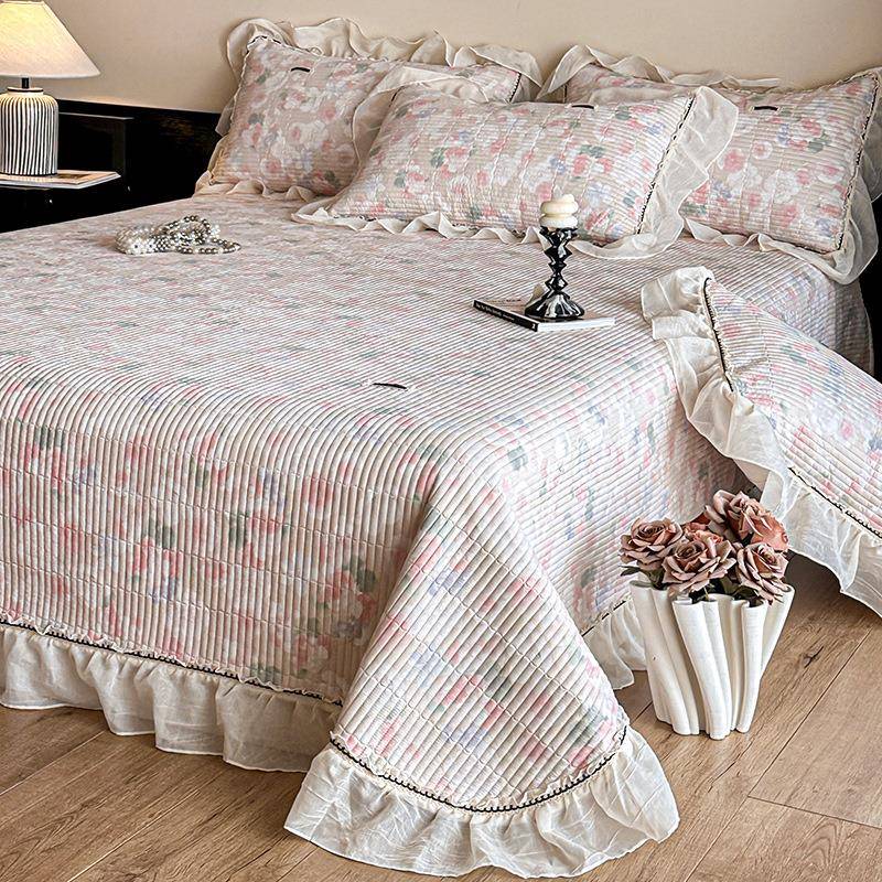 韩式花边床盖三件套纯棉全棉榻榻米夹棉炕盖单件防滑床单四季通用
