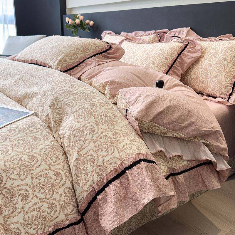 2025新款原麻四件套韩式复古风花边学生宿舍床单被套三件套可机洗