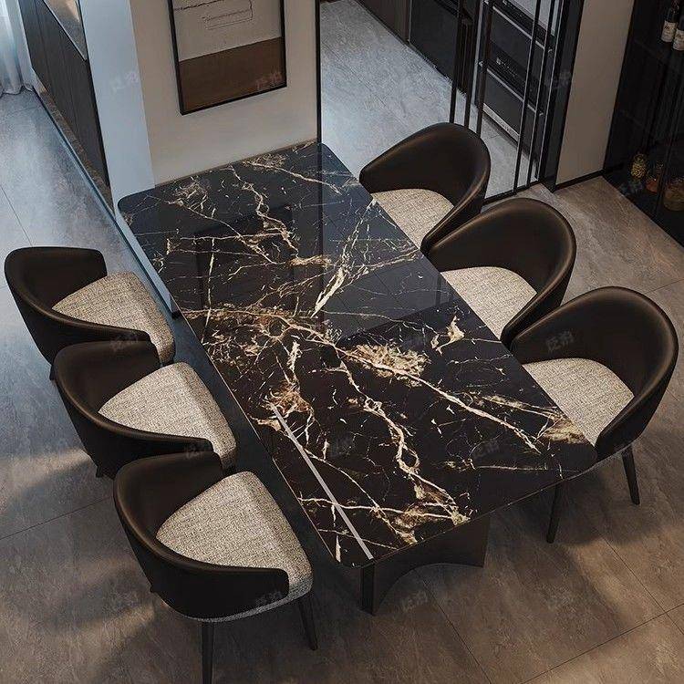 意式轻奢大理石餐桌现代简约长方形家用餐桌椅组合小户型不锈钢