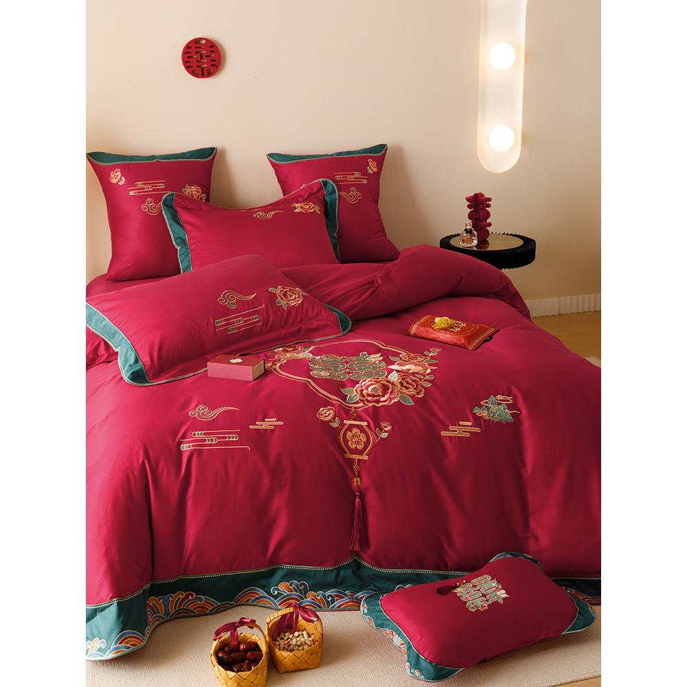 中式婚庆全棉床单四件套100S澳棉结婚大红色刺绣被套床上用品纯棉