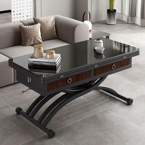 岩板升降茶几实木小户型两用桌多功能家用一体式钢化茶几秒变餐桌