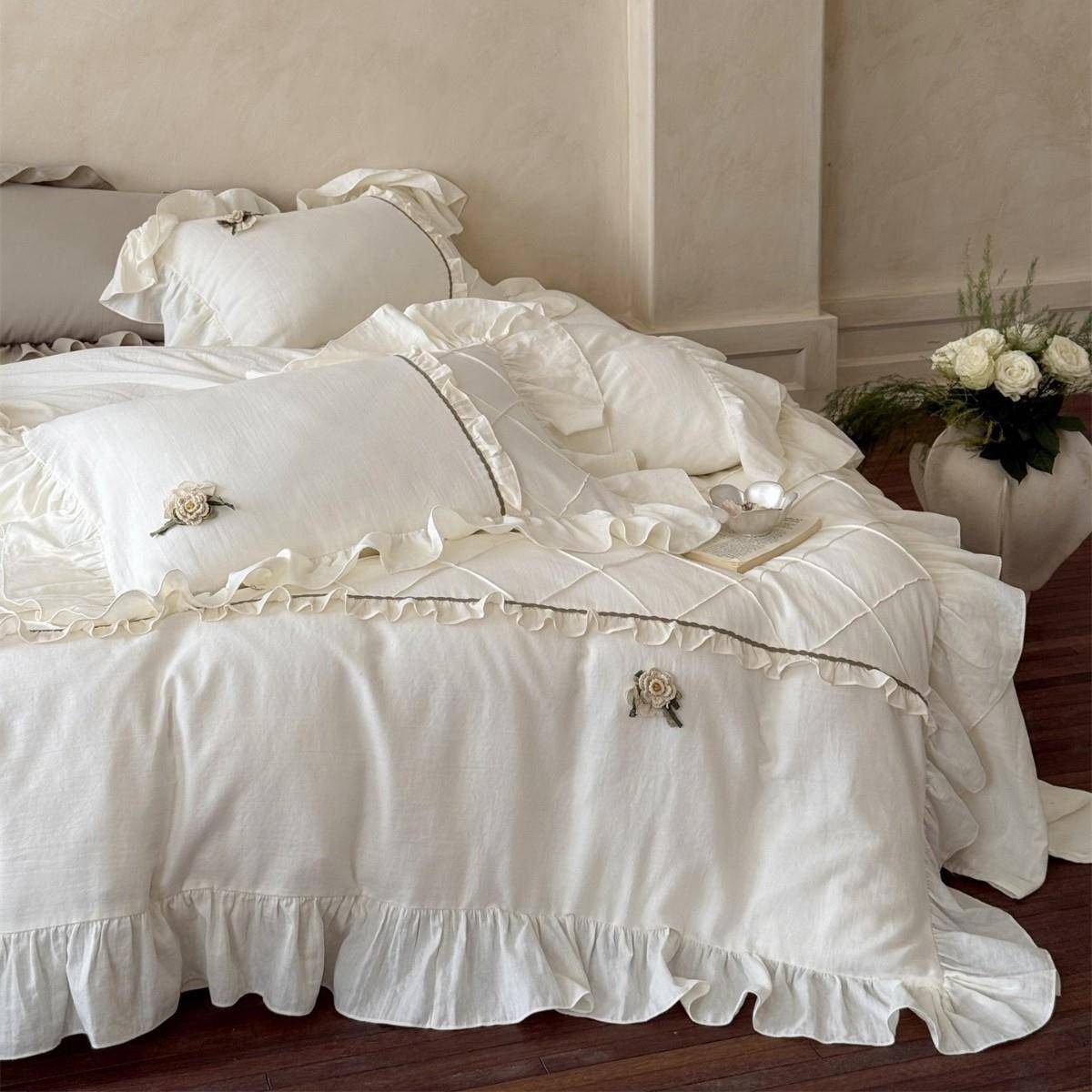 2法式复古风褶皱花边全棉双层纱四件套四季款亲肤透气床品家纺