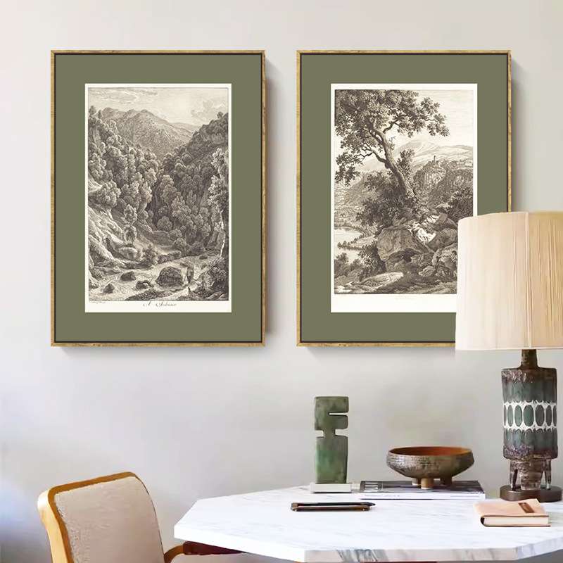 现代装饰画中古风黑白素描风景法式复古老钱风喷绘油画酒店公寓画图片