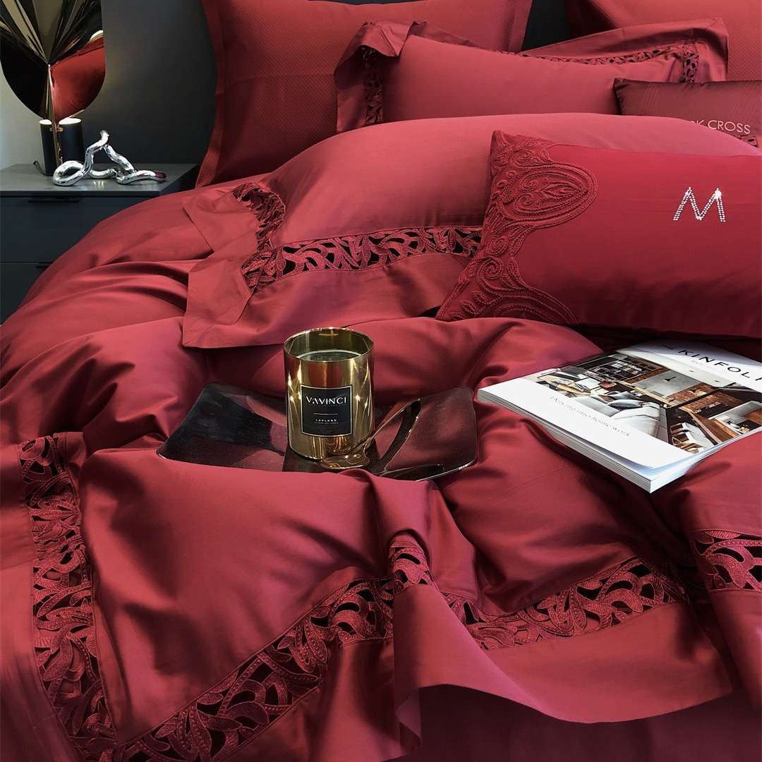 婚庆大红纯色镂空寝具床上用品S100纯棉长绒棉四件套家纺克拉喜庆