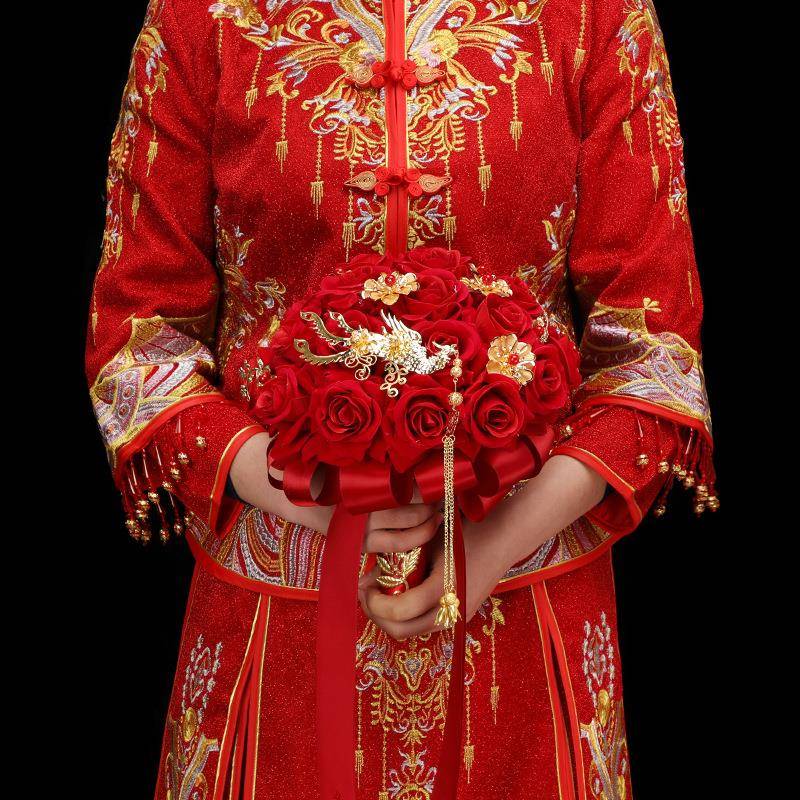 新娘手捧花中式结婚新娘手持花红色秀禾服新款婚礼高档仿真手捧花