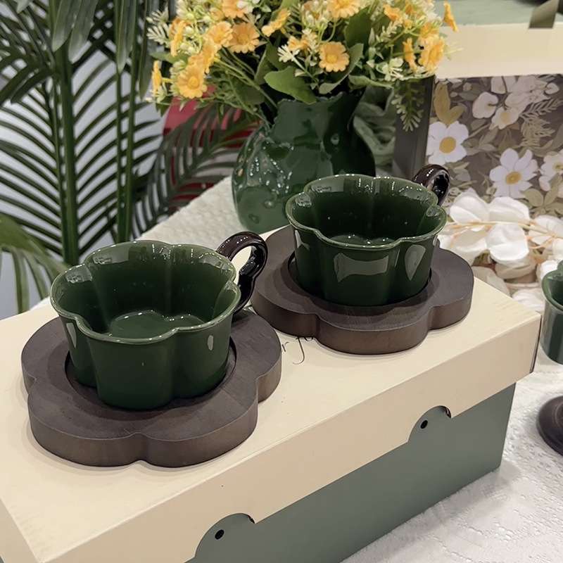 派一中古绿色相思木碟陶瓷咖啡杯高温釉下彩咖啡杯马克杯花型杯子