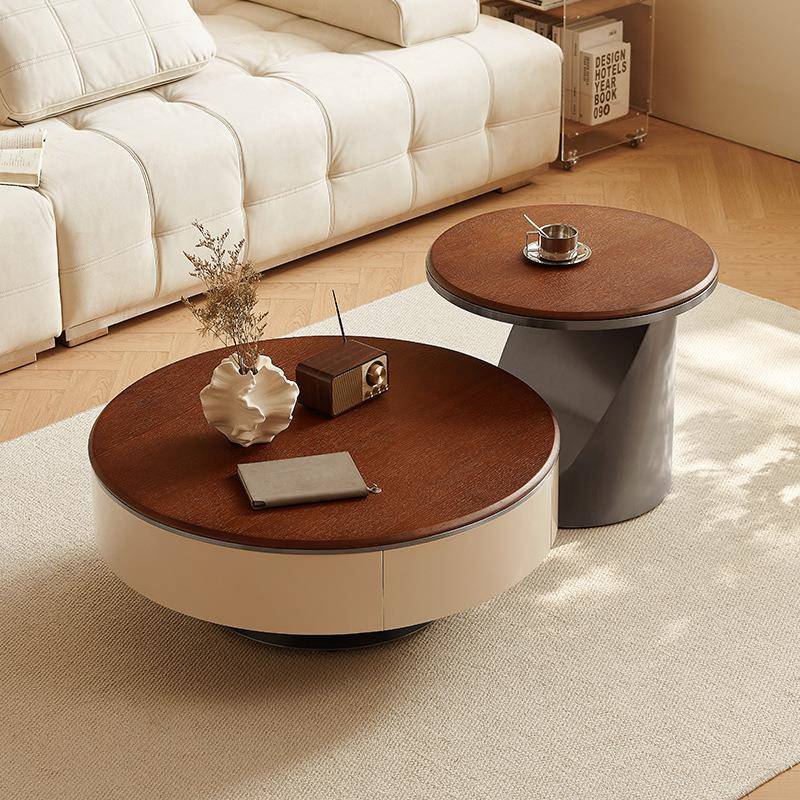 冬熊中古风胡桃色半岛圆形茶几组合现代简约轻奢客厅家用2024新款