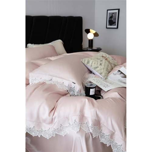 高端60支天丝四件套夏季裸睡丝滑床单轻奢纯色蕾丝被套床上用品
