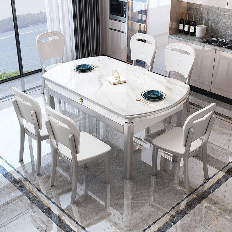 轻奢餐桌椅组合伸缩折叠现代简约小户型可变圆桌家用桌子实木岩板