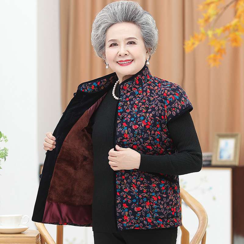 中老年女马甲加绒加厚背心妈妈坎肩外套奶奶秋冬装保暖短袖棉马夹