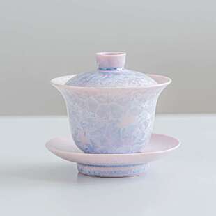 高档窑变结晶釉渐变紫三才盖碗茶杯茶碗带盖大号茶具陶瓷泡茶碗