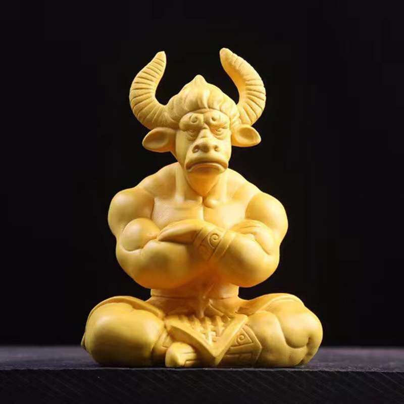 黄杨木雕刻牛魔王摆件 本命年牛气冲天动物中式玄关家居汽车装饰