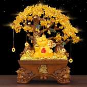 Golden Fortune Crystal Rongsha Wealth Tree Cat Ornament