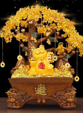 Rongsha Golden Crystal Wealth Tree Fortune Cat Ornament