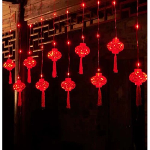 LED春节灯笼灯串中式喜庆红灯笼皮线窗帘灯过年元旦节日装饰灯串