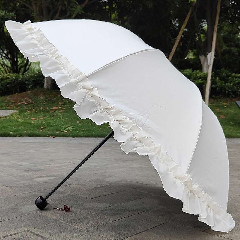 米白色三折太阳伞荷叶边蕾丝防晒遮阳晴雨伞纯色小清新洋伞无