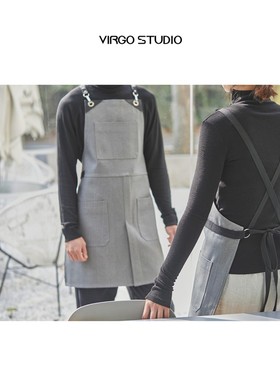 黑色灰色牛c仔工作围裙咖啡师背带裙花艺园艺餐厅发型师工作服log