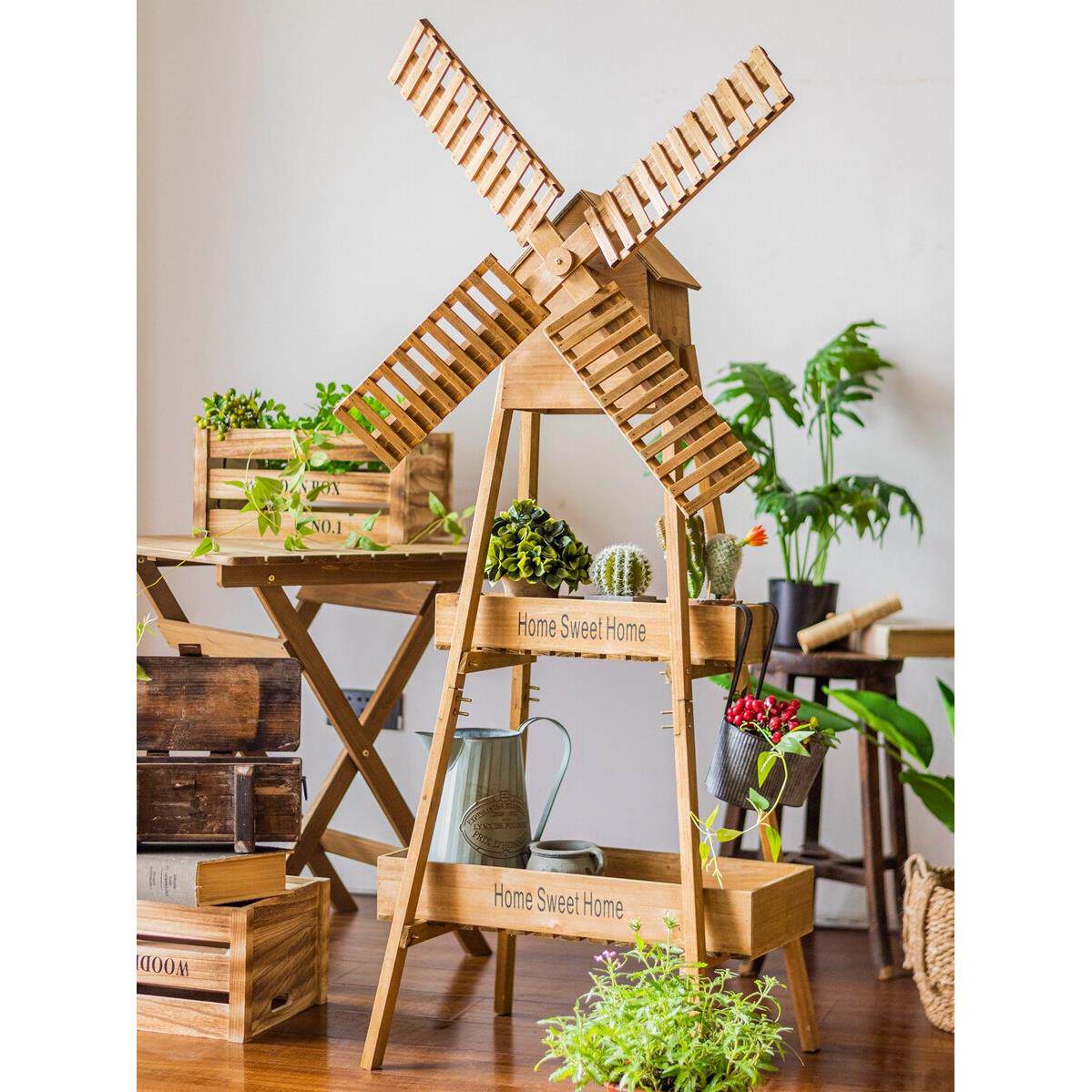 Jk Mu空间田园车花架客厅落地式花架储物架阳台木制商店装饰架