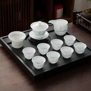 德化陶瓷 茶具 套装泡茶专用喝茶家用高档轻奢盖碗羊脂玉轻舟山水