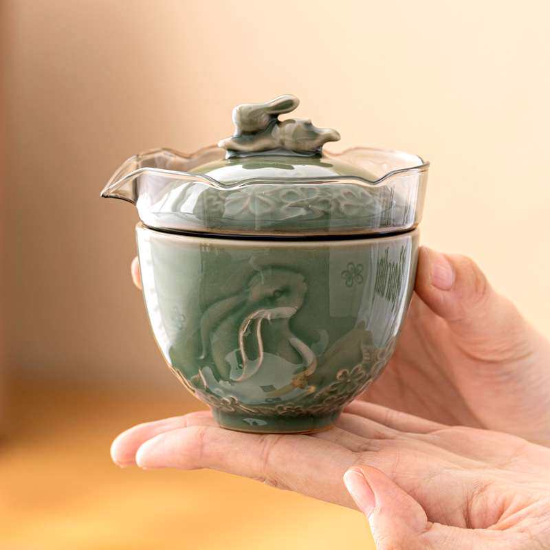 越窑青瓷月兔快客杯一壶一杯便携式旅行茶具套装户外露营泡茶装备