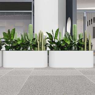 奶茶店双半圆白色花盆商业街商用花坛户外铁艺花箱组合椭圆形花槽