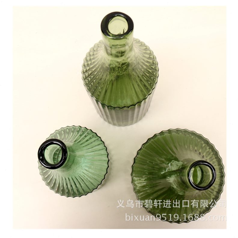 台面绿色古玻璃花瓶状美式摆件口文艺清新复古简约窄条纹工业饰品