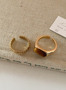 高级感复古虎眼石麦穗金属开口戒指E女轻奢优雅精致百搭指环戒子