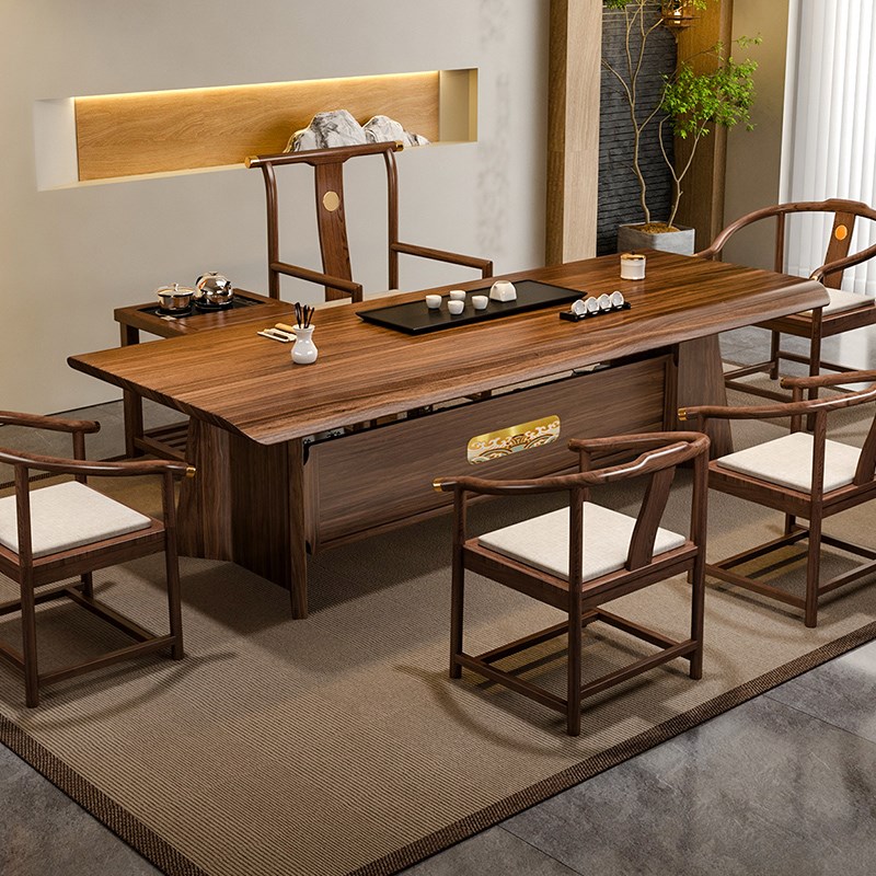 新中式茶桌椅组合一桌五r椅客厅家用泡茶台茶桌办公室大板实木茶