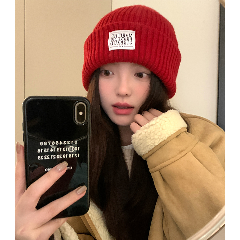 纯色毛线针织帽子女2023新款冬季C韩版保暖护耳百搭大头围休闲冷