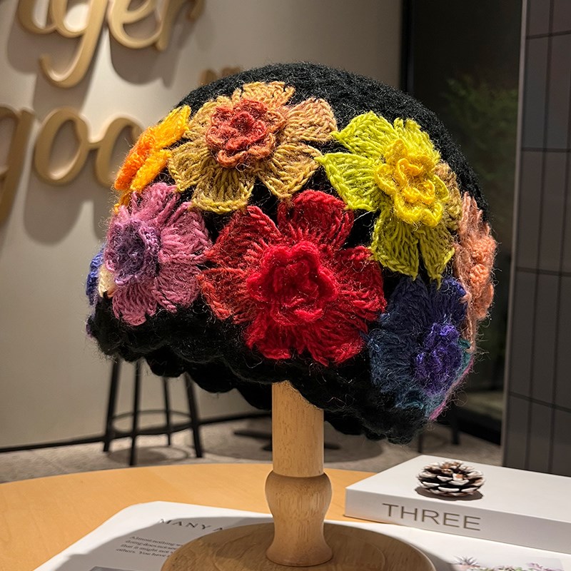 帽子女秋冬中老年新款手工针织毛线帽护耳保暖冬季女X士花朵套头