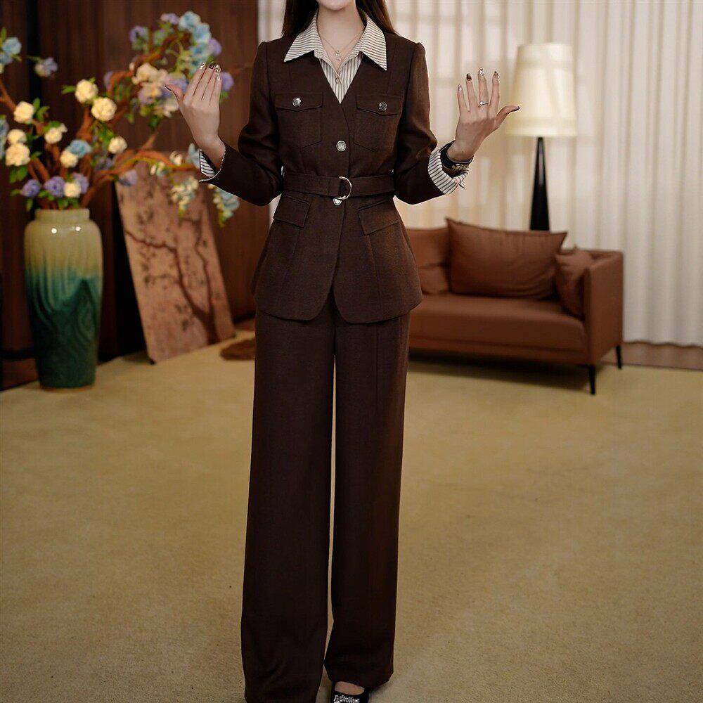 秋冬呢子套装【西服外套+裤子】时尚高档气质显瘦两件套妈妈女装