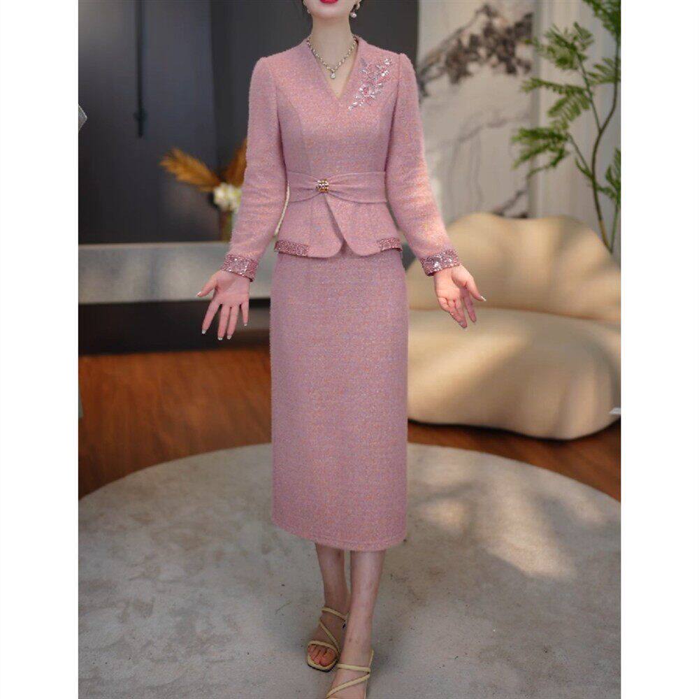 新中式气质粉色套裙女2026秋季新款女士显瘦优雅高级感喜宴两件套