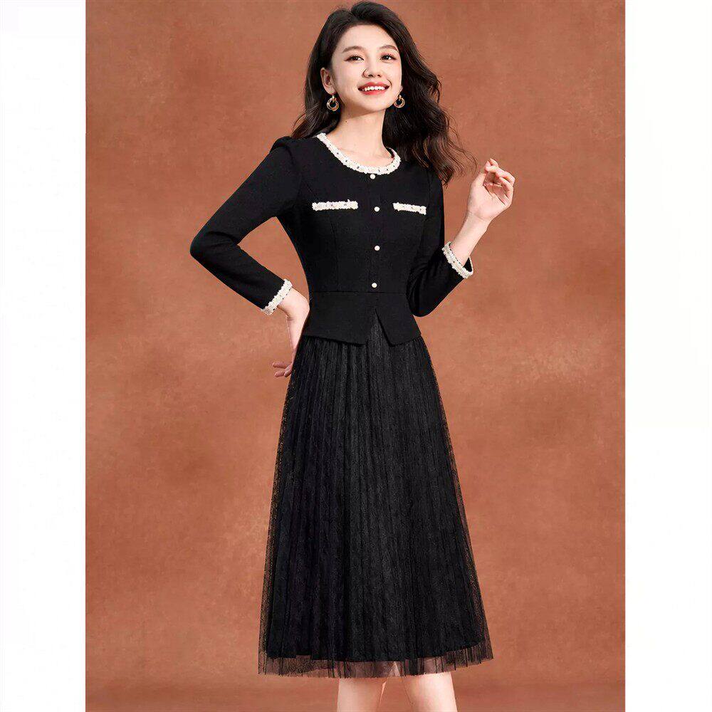 小香风圆领假两件网纱百褶中长款连衣裙2026秋冬新款妈妈时尚裙子