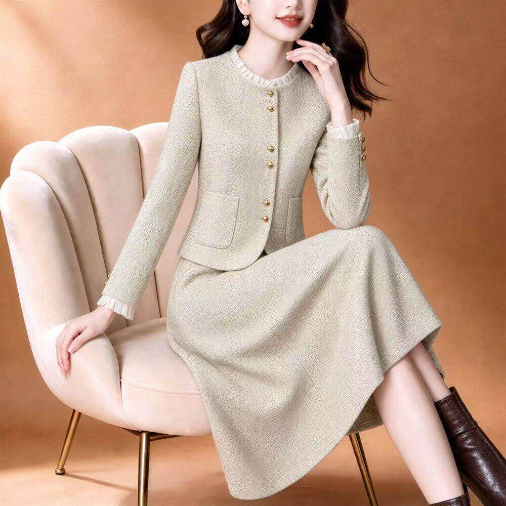 毛呢小香风连衣裙套装2026新款轻奢高级感女秋冬高端半身裙套装